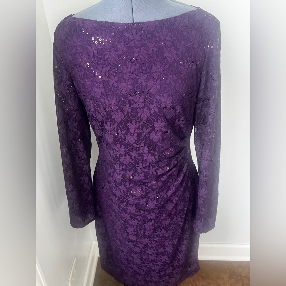 Ralph Lauren Sz 12 Deep Purple Lace Long Lace Sleeves Cocktail Midi Dress NWOT